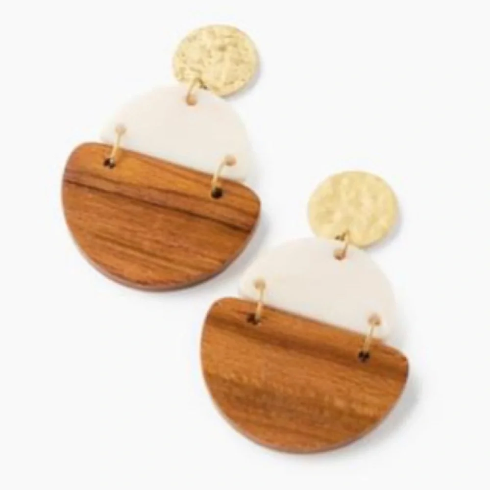 NWT Trades of Hope Wood, White Resin & Brass Earrings